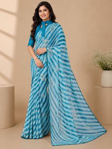 Luxury Sky Blue Georgette <b>Saree</b> For Women Striped Print Bollywood Style Sarees With Unstitched <b>Blouse</b> Piece Indian Festive Party - Product Image 2