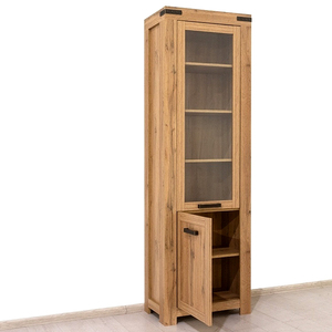Mueble de Almacenamiento Moderno de Roble Macizo Ecológico con Forma Trapezoidal, Vitrina con Puerta de Vidrio y Tirador de Hierro para el Hogar - Product Image 4