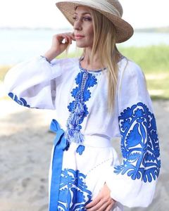 Boho Knee-Length Sweet Natural <b>Dress</b> with Blue Embroidery <b>Long</b> Sleeve Loose Fit O-Neck Woven Cotton <b>Summer</b> Casual Wear for Women - Product Image 2
