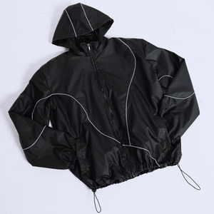 Hot Sale Blank <b>Black</b> Hooded <b>Windbreaker</b> Tracksuit Custom Techwear Contrast Piping Cropped Jacket Adjustable Unisex Nylon Sets - Product Image 2