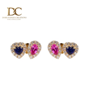 ต่างหูเพชรเพาะเลี้ยงทองคำแท้ 14KT สีเหลือง พร้อมทัวร์มาลีนสีชมพูและไพลินสีน้ำเงินเข้ม เครื่องประดับ IGI คุณภาพสูงสำหรับผู้หญิง - Product Image 1