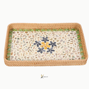 Bandeja de Servir Rectangular de Madera con Incrustaciones de Madreperla y Mimbre, Diseño Elegante, Personalizable OEM/ODM, Decoración Duradera para el Hogar, Regalo de Inauguración - Product Image 4