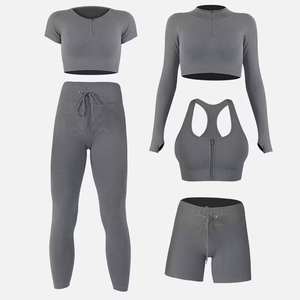 <b>Men's</b> Seamless Yoga Activewear 5-Piece Set Short Long Sleeve <b>Crop</b> <b>Tops</b> Sports Bra High Waist Leggings Shorts Spandex/Nylon - Product Image 4