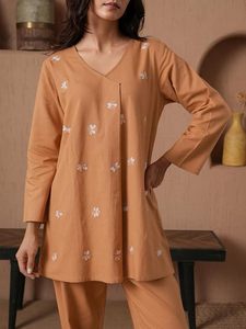 Women's Embroidered <b>Linen</b> Cotton A-Line Co-Ord Set - Product Image 3