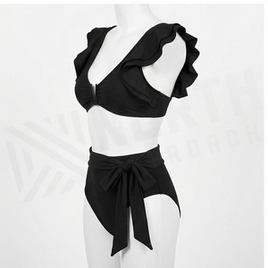 ชุดบิกินี่คอวีลึกสีดำพร้อมกางเกงเอวสูงผูกข้างสำหรับผู้หญิง - Product Image 3
