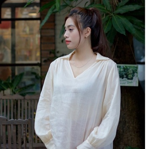 100% Lightweight Ramie Woven Sway Blouses for Women Full Sleeve Casual Korean Style Elegant Sexy Button Decoration Long Loose - Product Image 6