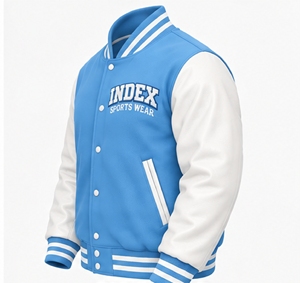 Chaqueta Varsity Azul para Hombre, Marca Index, con Mangas Blancas, Logotipo Bordado, Cuello Camisero, Cierre de Botones, para Otoño - Product Image 5