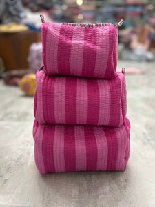 Pink Striped Cotton Cosmetic Bag Small Size Zipper Closure Toiletry Bag Multi Function <b>Makeup</b> <b>Case</b> Lovely Style Toiletry Pouch - Product Image 3