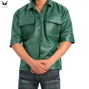 Deep Green <b>Half</b>-Sleeve Stand Collar Breathable Lightweight Comfortable Men's Pu Leather <b>Shirts</b> New Arrival Trendy Outerwear - Product Image 5