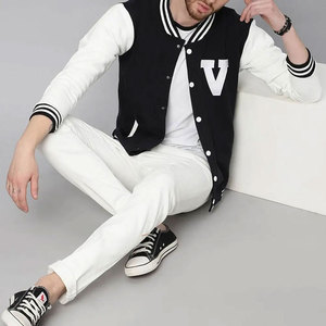 Blouson universitaire homme noir et blanc, imprimé lettre V, coupe droite, décontracté, coupe-vent d'hiver, col rond, simple boutonnage, 100% coton - Product Image 5