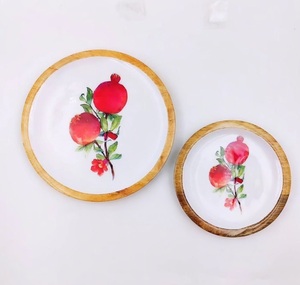Acacia Wooden Serving <b>Plate</b> With Enamel Printed Dinnerware Tableware Serving <b>Plate</b> Christmas Gift Households Item At Best Price - Product Image 3