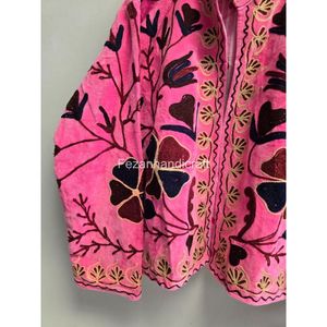 Veste en molleton à col mandarin brodée de fleurs en velours rose, manches longues, vêtements d'hiver pour femmes, manteau - Product Image 2
