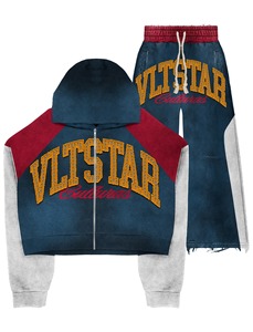 Conjunto de Sudadera Corta con Cremallera Multicolor y Jeans Holgados |   Conjunto de Ropa Urbana con Estampado Gráfico de Gran Tamaño, Marca Privada OEM - Product Image 5