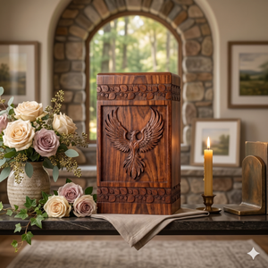 Wooden Cremation Urn Carved Phoenix Design Brown Adult Memorial Keepsake <b>Box</b> <b>for</b> <b>Ashes</b> Burial - Product Image 6
