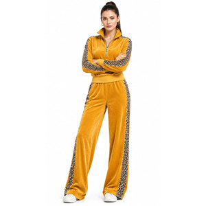 <b>Women's</b> <b>Yellow</b> Leopard Print <b>Tracksuit</b> Set Full Sleeve Half-Zip Casual Loose Fit Autumn Wear Sweatshirt And Pants Outfit - Product Image 2
