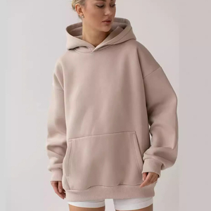 Sweat-shirt à capuche surdimensionné pour femme, couleur unie, manches longues, en coton tricoté, respirant, longueur longue, avec poches, pour l'automne - Product Image 4