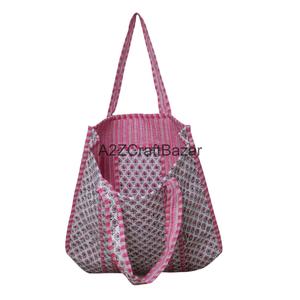 Quilted Cotton Large Tote <b>Bag</b> Handprinted Reversible Multicolor Striped <b>Long</b> Handle Eco-Friendly Daily Use Shopping Jhola <b>Bag</b> - Product Image 3