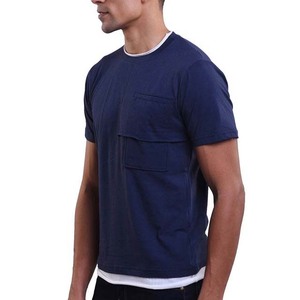 Men's Navy Blue Short Sleeve <b>T</b>-<b>Shirt</b> <b>With</b> Chest <b>Pocket</b> Contrast Trim Regular Fit Casual Style Cotton Jersey Knitted O-Neck - Product Image 4