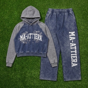 Custom Women Two Tone Navy Blue Gray Cropped Hoodie <b>Wide</b> <b>Leg</b> <b>Jogger</b> Set Cotton Fleece Tracksuit OEM Wholesale - Product Image 5