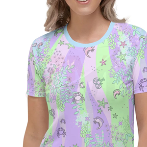Camiseta de Manga Corta con Cuello Redondo y Estampado Oceánico Pastel para Mujer, Corte Regular, Tejido de Poliéster, Informal, para Primavera y Verano - Product Image 4