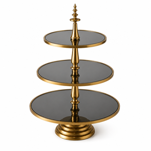 Precio al por mayor: Soporte de exhibición de postres de lujo de tres niveles redondo, torre de presentación dorada con espejo para eventos, último modelo de dos niveles. - Product Image 1