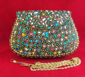 Sac Bohème Indien de Luxe Fait Main XL, Sac Bandoulière Métallique, Design Bonbon, Fermeture à Rabat Magnétique, Classique Bohème, Voyage - Product Image 1