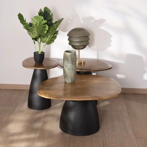 Vandana Silver Legacy Juego de 3 mesas de centro de madera y metal, con forma de guijarros naturales Daun - Product Image 1