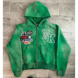 Sudadera Verde con Capucha y Cierre, Corte Regular, Informal, para Otoño, de Felpa, con Apliques de Algodón, Diseño de Parches, Logotipo Frontal, Unisex - Product Image 1