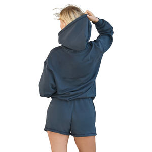 Conjunto de Sudadera con Capucha Oversize y Pantalones Cortos Azul Oscuro para Mujer, Ajuste Relajado, Ropa Casual para Estar en Casa, Mezcla de Algodón, Atuendo Deportivo para Mujer - Product Image 2