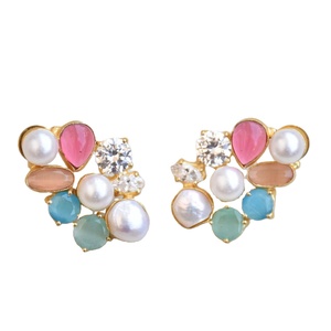 Boucles d'oreilles pendantes en laiton naturel, perle de qualité supérieure, pierre naturelle brute, finition en laiton satiné, design bohème chic, haute qualité, export - Product Image 1