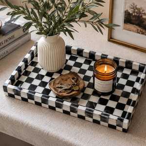 Rectangular Checkered Design Resin Inlay Tray Black White <b>Mosaic</b> Home Decor Serving Tray Modern Table Organizer - Product Image 1