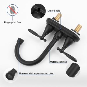 Rubinetto da Bagno Moderno Nero Opaco con Bocca Girevole ad Arco Alto a 360 Gradi, Rubinetto da Lavabo a 4 Fori con 2/3 Fori per Uso in Palestra - Product Image 3