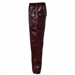 Men's Burgundy PU Coated <b>Cargo</b> <b>Pants</b> Moto Biker Style Elastic Waist <b>Waterproof</b> Satin Fabric Solid Color Pocket Design Winter - Product Image 2