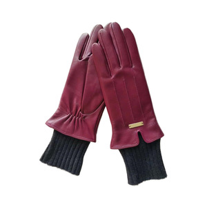 Burgundy Leather <b>Gloves</b> With <b>Wool</b> Lining Thermal Winter Wrist Length Casual Plain Style - Product Image 4