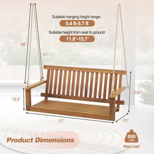 2 Seat Acacia <b>Wood</b> Porch <b>Swing</b> <b>Bench</b> with 2 Hanging Hemp Ropes for Patios - Product Image 4