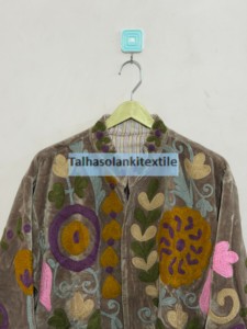 Velvet Embroidered Floral Jacket <b>Women's</b> Prairie Chic Full Sleeve V Neck Autumn <b>Coat</b> Handmade Decorative Open Stitch Design - Product Image 3