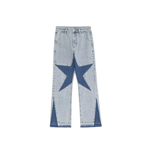 Jean en denim patchwork taille haute pour homme, coupe ample, avec applique étoile, en coton délavé, style décontracté, mode printemps, pantalon streetwear - Product Image 2