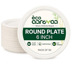 Assiettes jetables en bagasse Eco Aaroyaa de 6 pouces avec couvercles - Assiettes alimentaires biodégradables et écologiques - Product Image 1