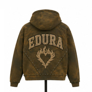Sudadera con capucha de forro polar OEM personalizada, estilo streetwear, con efecto desgastado por el sol, lavado ácido, transpirable, para hombre, con remaches y pedrería, de peso pesado - Product Image 5