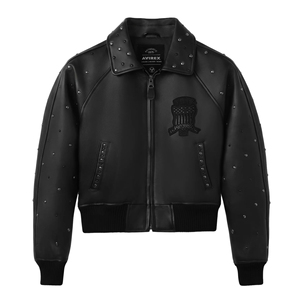 Chaqueta Bomber de Cuero Genuino Avirex Negra para Mujer, Estilo Aviador, con Detalles de Tachuelas y Corte Recortado - Product Image 1