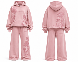 Ensemble de survêtement de luxe pour femme, rose poudré, à motif floral, avec sweat à capuche oversize et pantalon large, en molleton premium, OEM ODM, personnalisable, style streetwear - Product Image 1