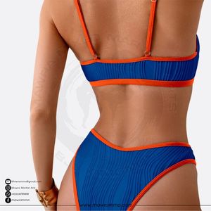 Mawra new Women Blue Orange Trim <b>Bikini</b> <b>Set</b> 2 Piece Plunge Neck Hollow Out Stretch Swimwear Hipster Bottoms For Women - Product Image 2