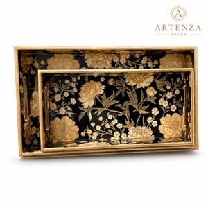 Plateau de service vintage en bois plaqué or avec incrustation de nacre, motif perlé décoratif, avec poignées, pour cuisine et salon - Product Image 2