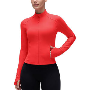 Women's Red Long Sleeve Zip up Yoga <b>Jacket</b> Slim Fit Stretch Quick Dry Seamless Ribbed Stand Neck Top - Product Image 1