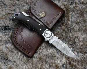 Custom Damascus Steel Folding Pocket Knife Dark African Wood Handle Back <b>Lock</b> EDC Camping Hunting Manufacturer Bulk Supply - Product Image 1