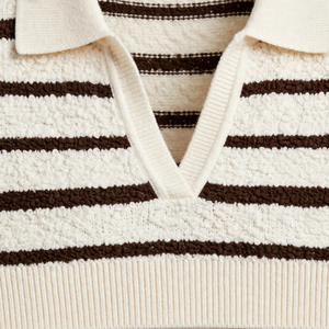 Pull tricoté rayé à manches courtes avec col rabattu, texture tricotée, haut décontracté et tendance, 100 % coton, écologique, vente en gros - Product Image 5
