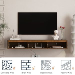 Meuble TV mural flottant en bois laqué brillant avec éclairage LED et prise électrique pour salon - Product Image 4