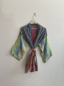 Bata de algodón y fibra de bambú para mujer, estilo patchwork, manga larga, sin cuello, estampada, para estar en casa, ideal para primavera - Product Image 2