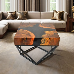 Table basse, table d'appoint, table de canapé en résine époxy et blocs de bois massif, design antique, mobilier de luxe avec décoration métallique pour la maison - Product Image 3