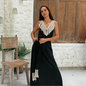 Vestido maxi de algodón negro estilo bohemio para mujer, sin espalda, con flecos, estilo bohemio, largo, con abertura y cinturón, estilo cóctel ecológico - Product Image 1
